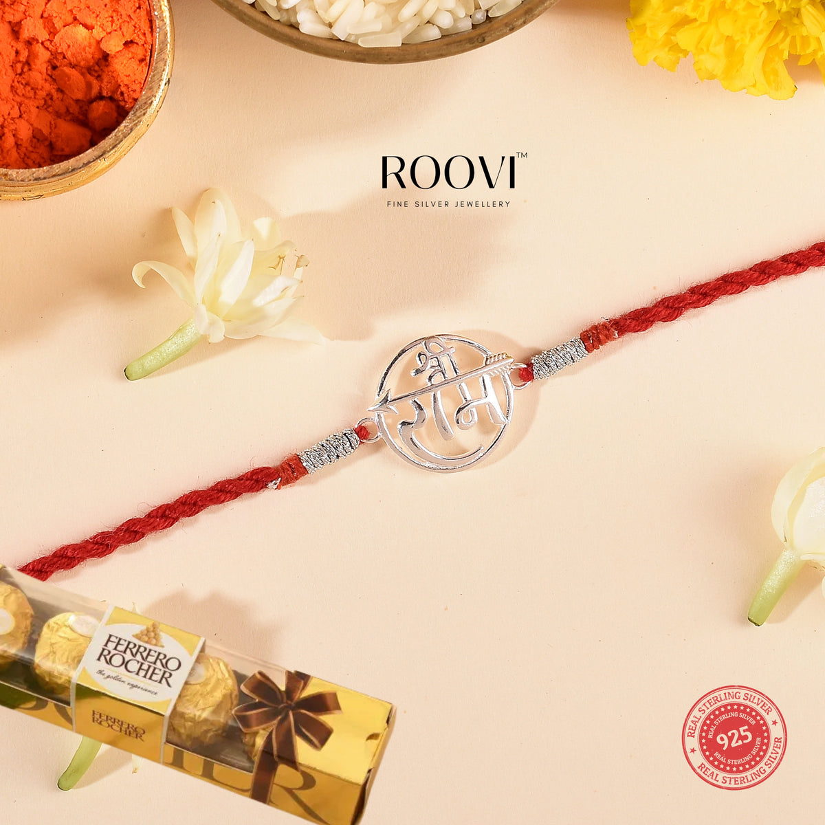 Roovi 925 Silver Shree Ram Rakhi Hamper for Brother