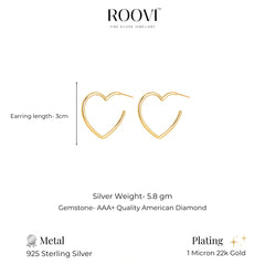 Roovi Big Heart 925 Silver Gold Plated Hoops