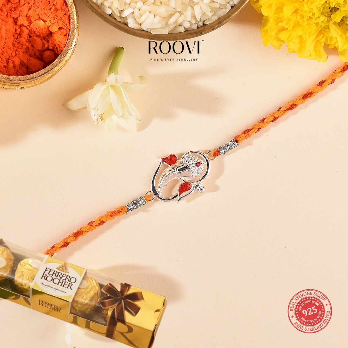 Roovi Real 925 Silver Ganesh Rakhi for Brother with  1 Pack Ferrro Chocolate