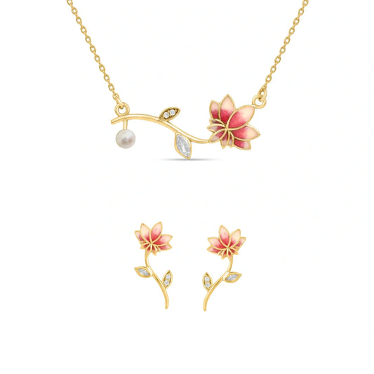 Lotus Blush Necklace & Earring Jewerly Set in 925 Silver with 22kt Gold Plated