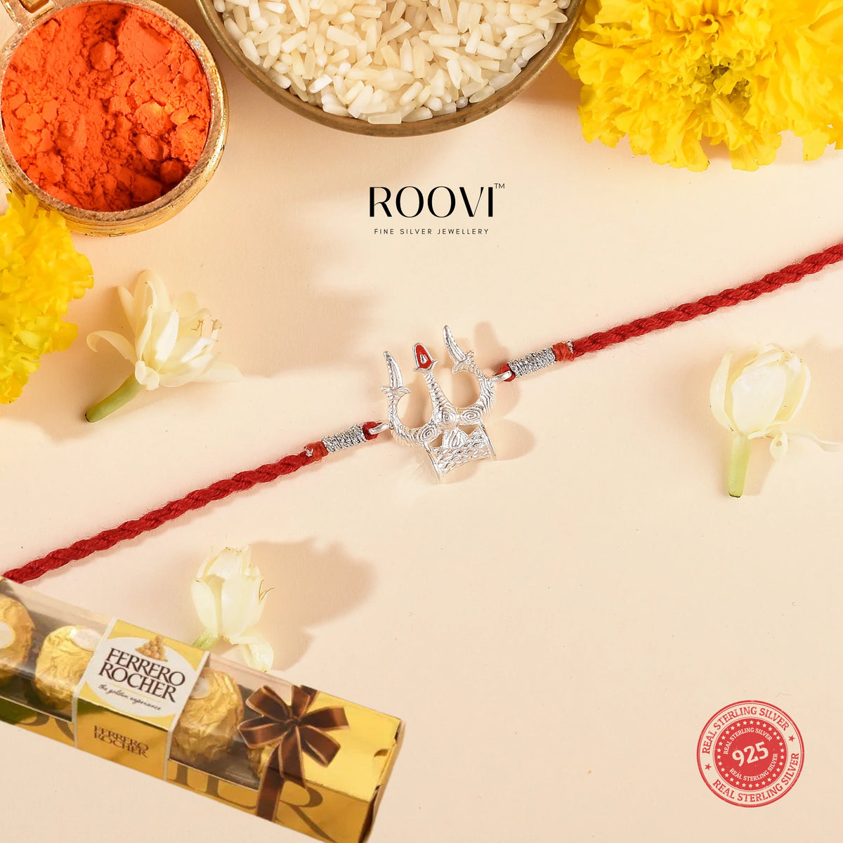 Roovi Pure 925 Silver Trishul Shiva Rakhi for Brother with 1 Pack Ferrro Chocolate
