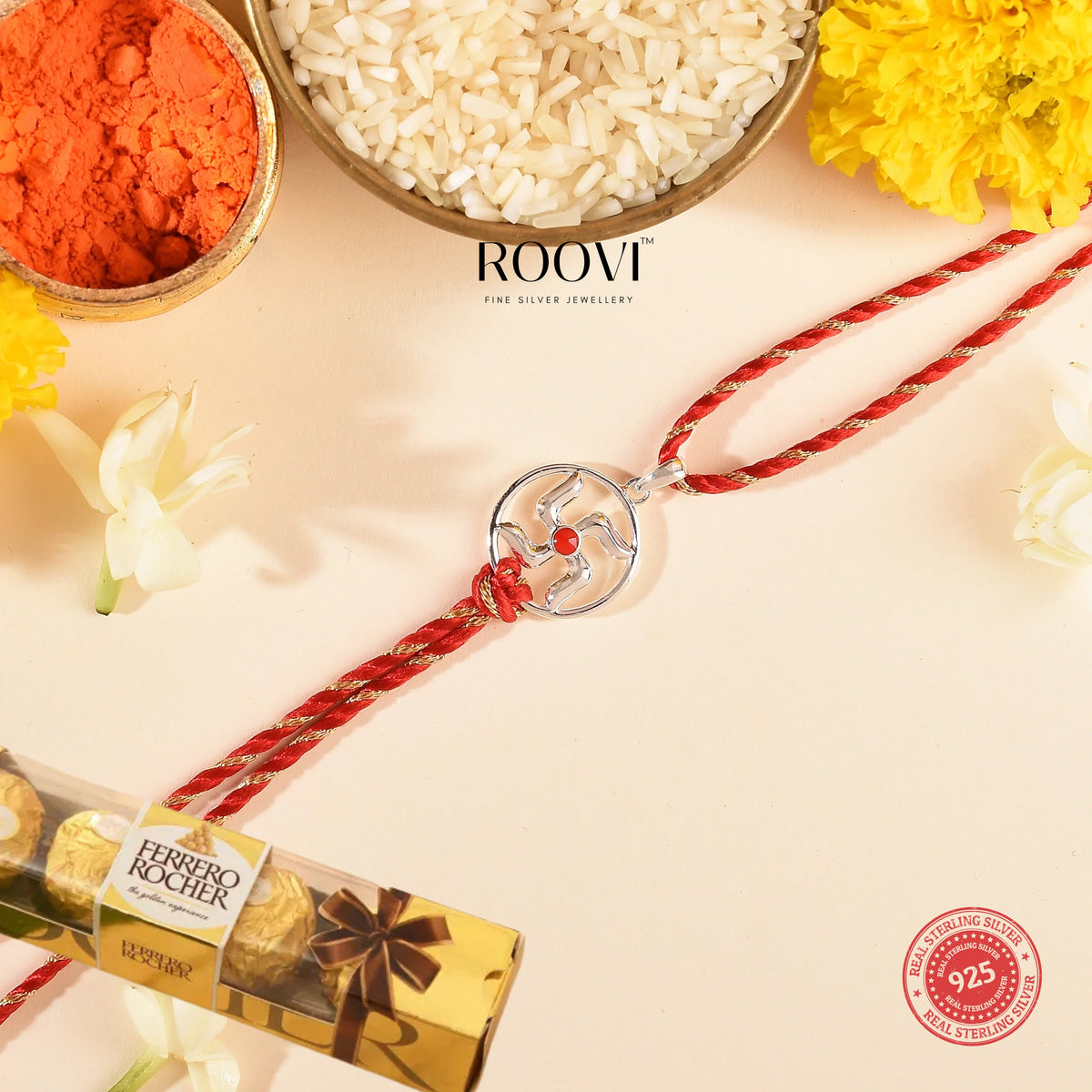 Roovi 925 Silver Swastik Rakhi cum Pendant with 1 Pack Ferrro Chocolate Combo I 2 in 1 Style Rakhi