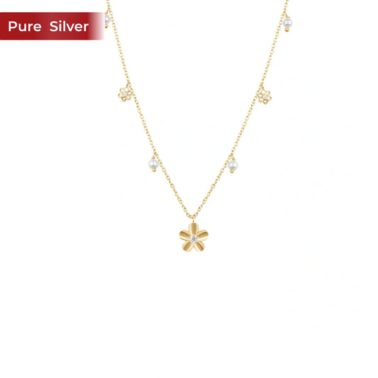 Roovi 925 Sterling Silver Gold Plated Pearl Flower Necklace for Women | Elegant Minimal Necklace