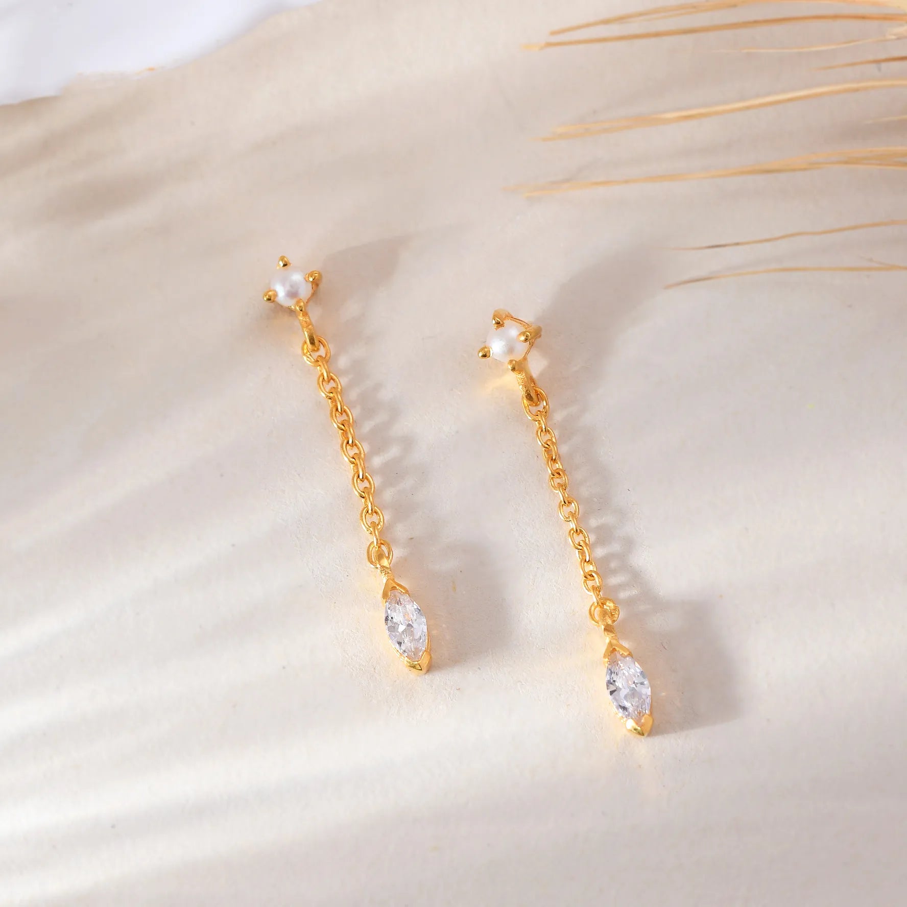 Purchase Roovi Shine Long Pearl Earrings in 925 Silver Gold Plating