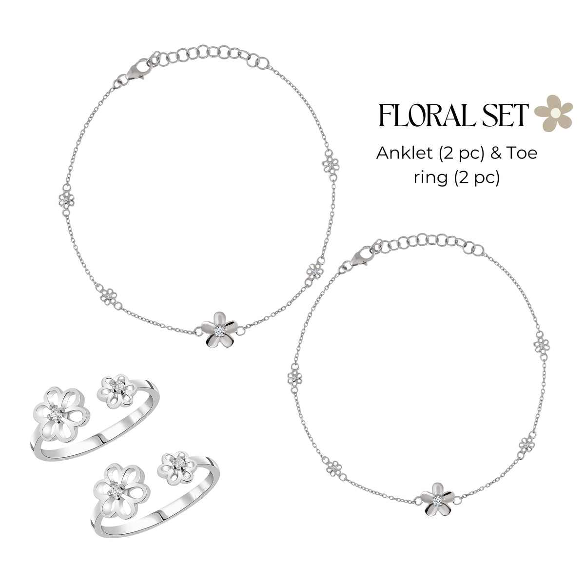 Roovi Flower Anklet & Toe Rings in 925 Silver