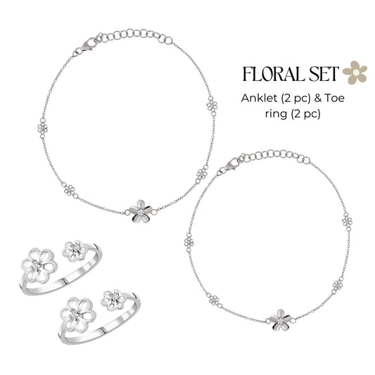 Roovi Flower Anklet & Toe Rings in 925 Silver