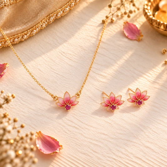 Roovi 925 Silver Simple Lotus Stud & Necklace Everyday Set with 22kt Gold Plating