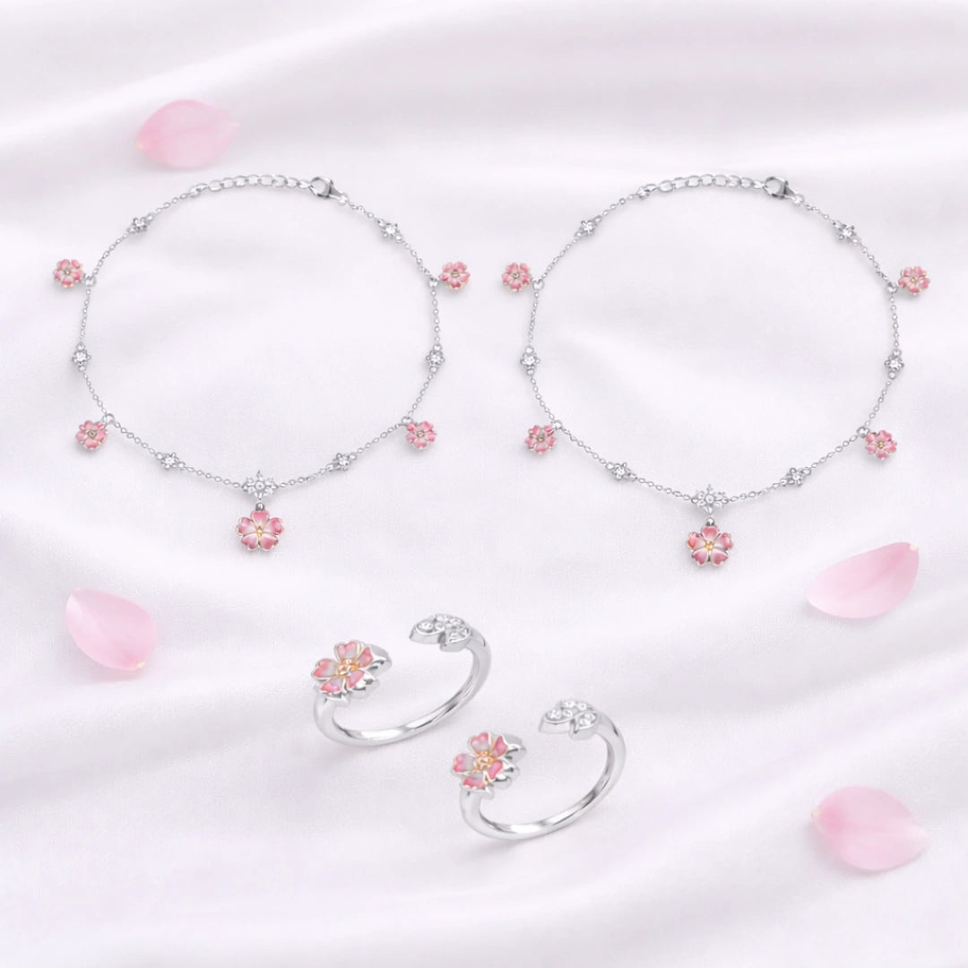 Desi Girl Floral Toe Ring & Lotus Anklet in 925 Silver-Combo