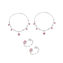 Desi Girl Floral Toe Ring & Lotus Anklet in 925 Silver-Combo