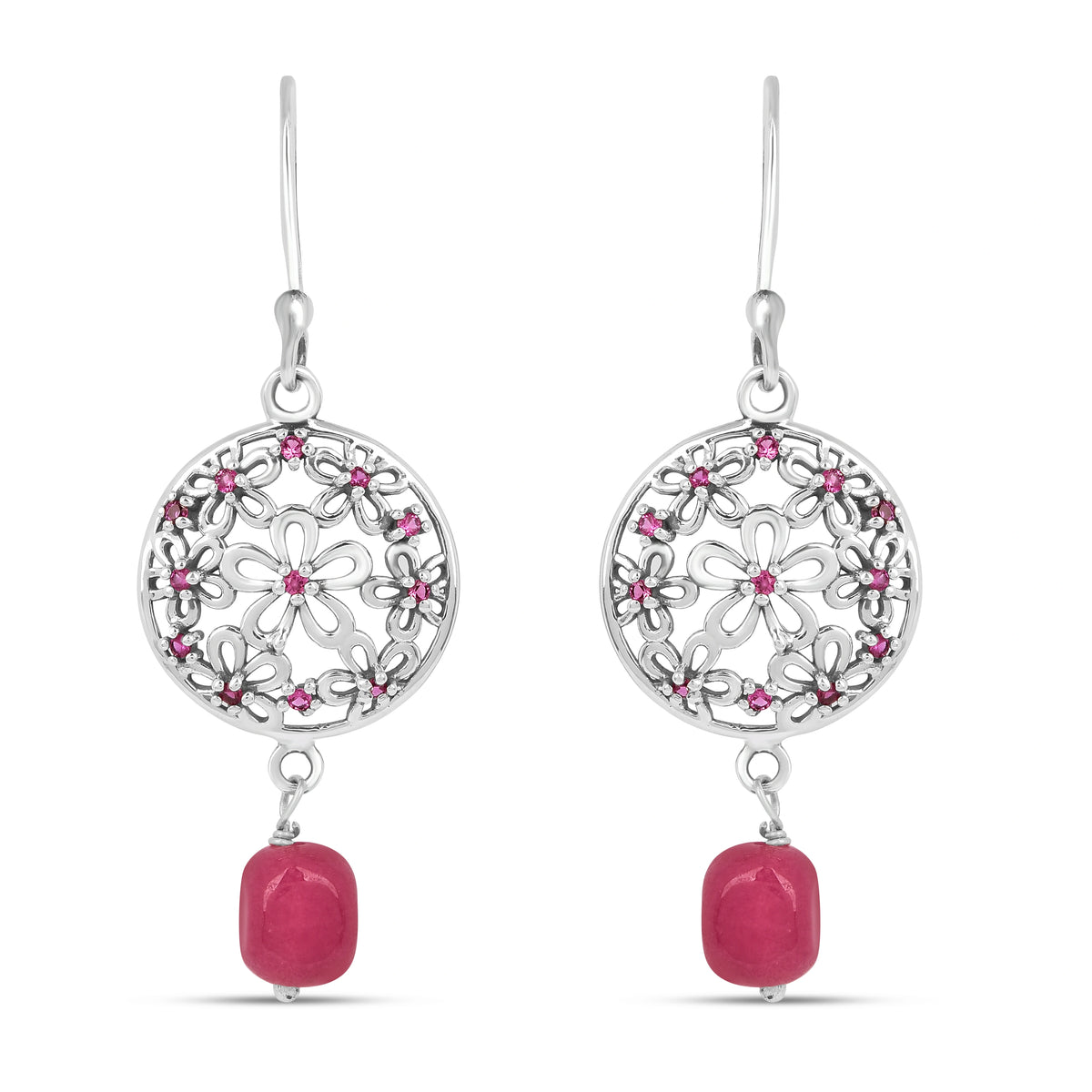 Roovi Flora Oxidized 925 Silver Dangler Earrings with Pink Stone