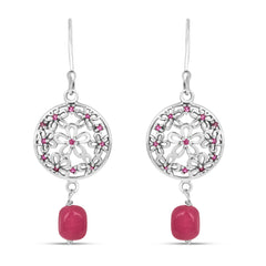 Roovi Flora Oxidized 925 Silver Dangler Earrings with Pink Stone