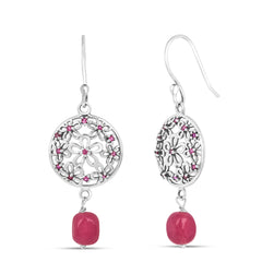 Roovi Flora Oxidized 925 Silver Dangler Earrings with Pink Stone