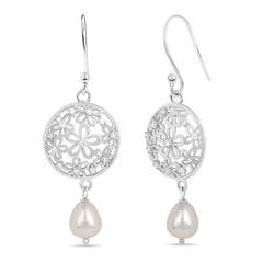 Roovi Flowers Real Pearl 925 Silver Dangler Earrings
