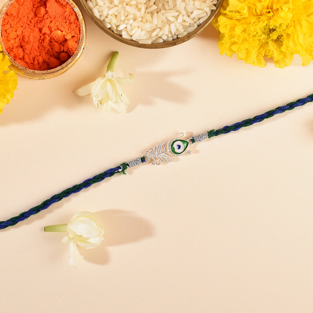 Roovi Real 925 Silver Mor Pankh Krishna Chandi Rakhi for Brother