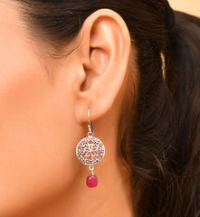 Roovi Flora Oxidized 925 Silver Dangler Earrings with Pink Stone