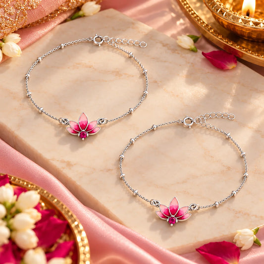 Roovi Laxmis Grace 925 Silver Lotus Adjustable Anklet for Women (2 Pc) |  Daily Wear