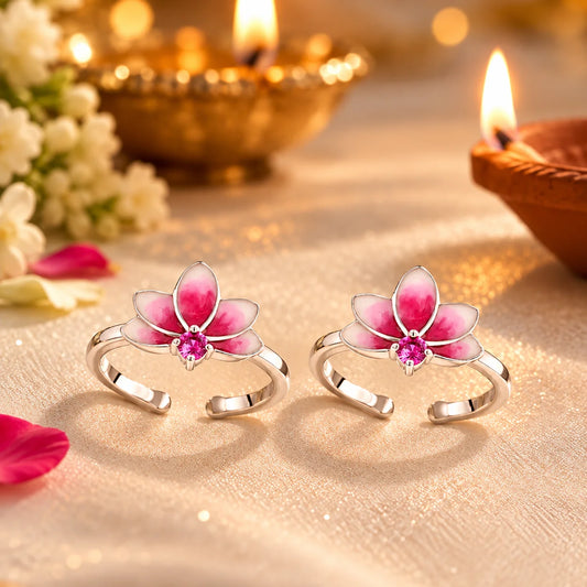 Roovi Laxmi's Grace Lotus 925 Silver Adjustable Toe Ring for Women | Daily Wear I 2 PC