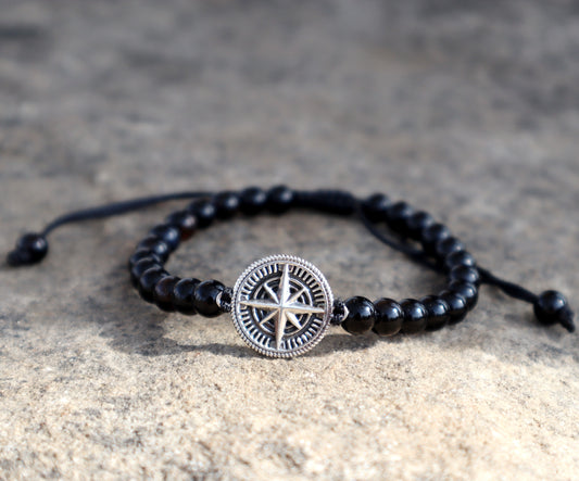 Roovi Travel Compass 925 Silver Bracelet in Oxidised with Black Onyx Beads