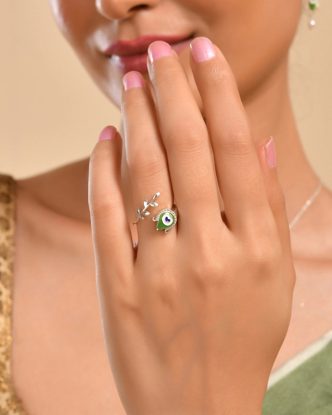 Roovi Pure 925 Silver Morpankh Ring with Meenakari