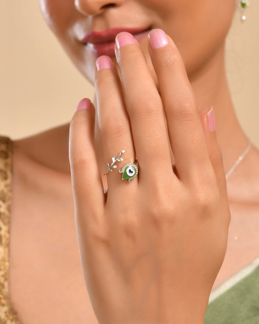 Roovi Pure 925 Silver Morpankh Ring with Meenakari