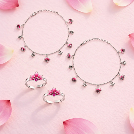 Roovi Lotus Heavy 925 Silver Anklet & Toe Ring Combo for Women | Adjustable Daily Wear Set