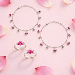 Roovi Lotus Heavy 925 Silver Anklet & Toe Ring Combo for Women | Adjustable Daily Wear Set