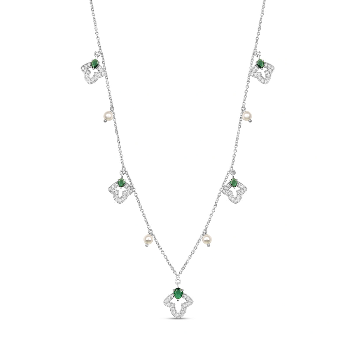 Roovi 925 Silver Graceful Emerald Pearl Necklace