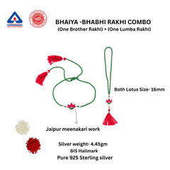 Roovi 925 Sterling Silver  Lotus Design Bhaiya Bhabhi Lumba Rakhi Combo I 2 Rakhi Pc I