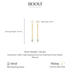 Roovi Shine Long 925 Silver Gold Plated Pearl Earrings