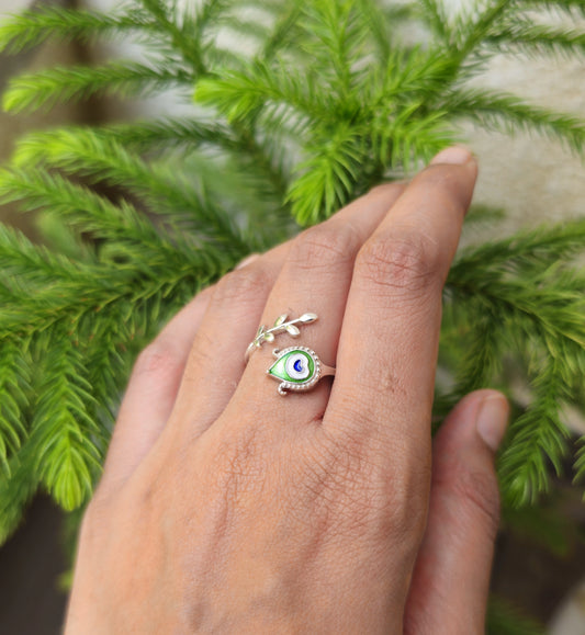Roovi Pure 925 Silver Morpankh Ring with Meenakari
