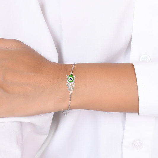Roovi Morpankh Bracelet for Women in 925 Silver with Meenakari I Rolo Chain