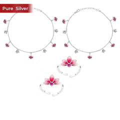 Roovi Lotus Heavy 925 Silver Anklet & Toe Ring Combo for Women | Adjustable Daily Wear Set